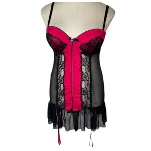 New Nighty Black Fuchsia Lingerie Pink Red Ruffle Metallic Bling Lace Garters 2x